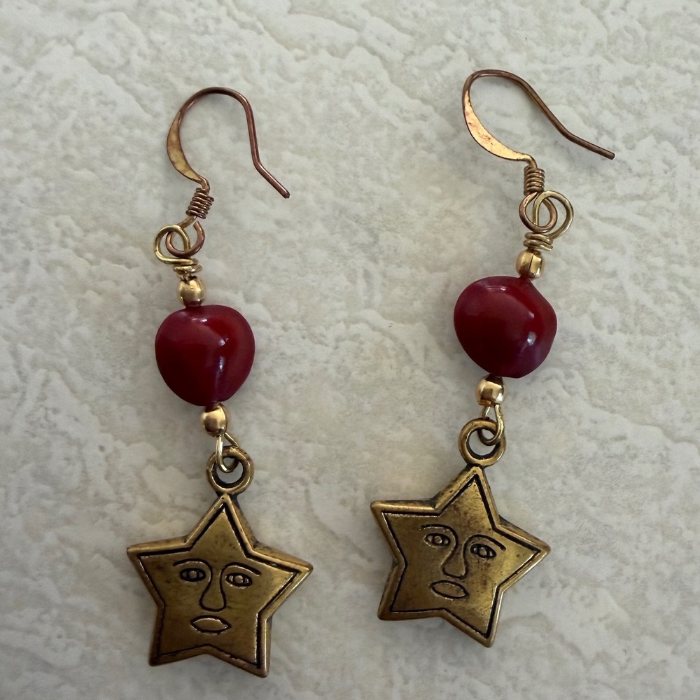 Vintage Style Celestial Star Face Drop Earrings Red Bead Brass Tone Boho